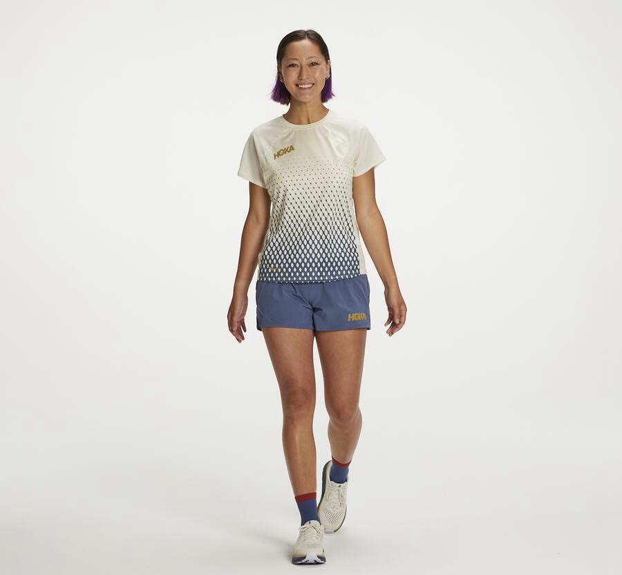 Hoka Australia One One Performance Short Sleeve - Womens Tops Blue/White - VWCQT-1754